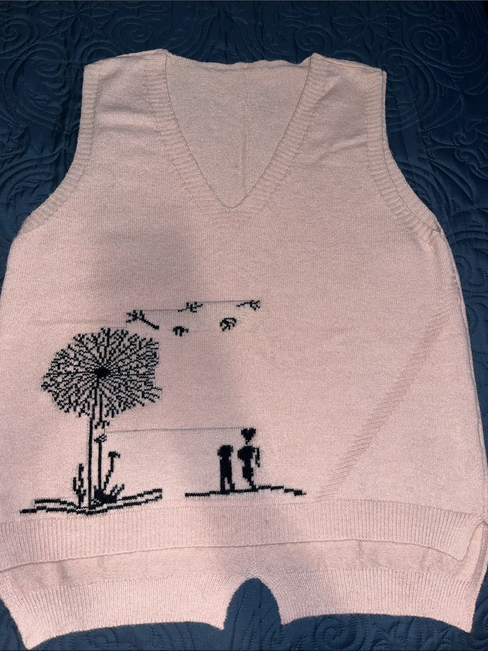 Soft Pink V-Neck Knit Sweater Vest with Dandelion Graphic